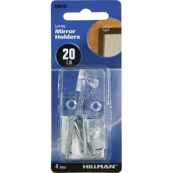 Hillman 536141 1/4" Plastic Mirror Hanger Clip (Includes Screws & Anchors), 4 Pack