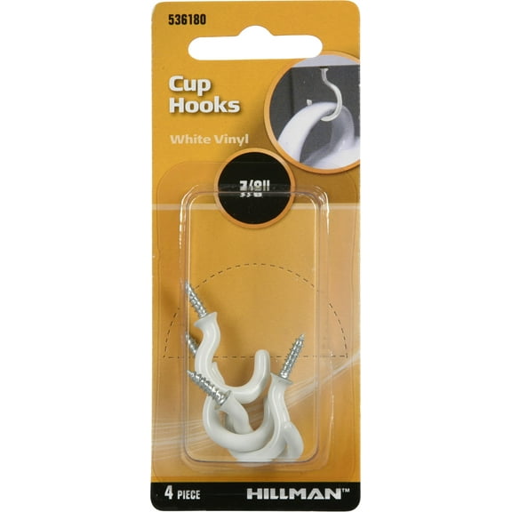 Hillman 536180 Cup Hooks, Screw Hooks, White Vinyl Finish (7/8") 4 Pack