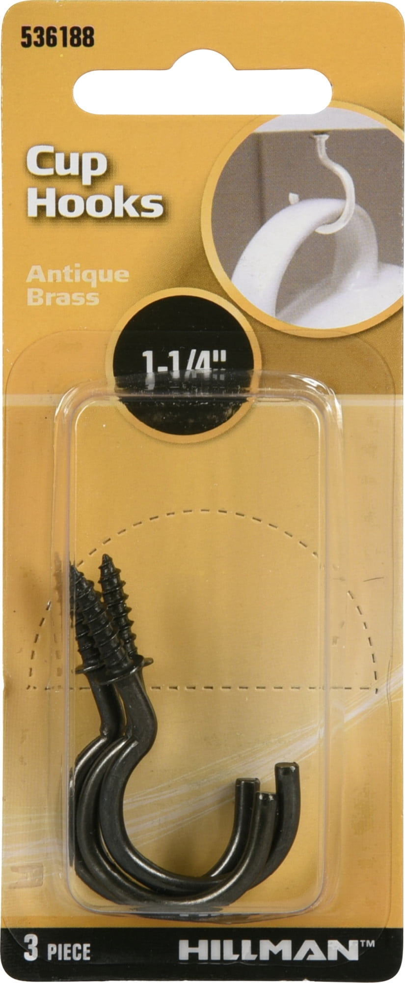 Hillman 536188 Cup Hooks, Cup Hangers, Antique Brass Finish (1-1/4") 3 Pack