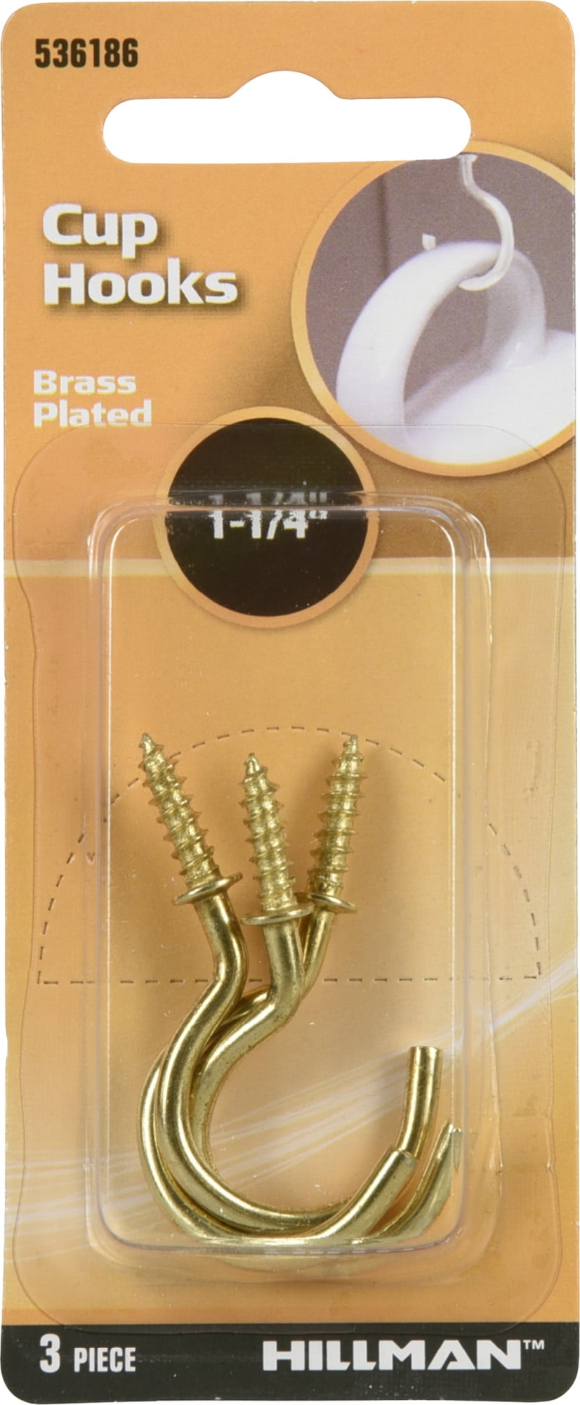 Hillman 536189 Cup Hooks, Screw Hooks 1-1/4" Brass, 2-Pack