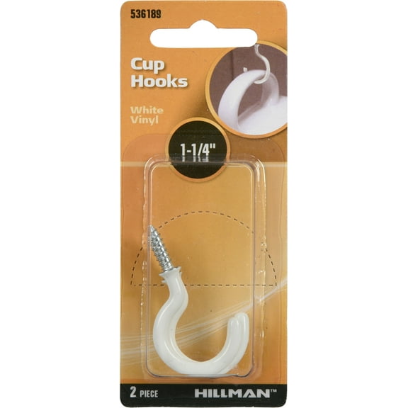 Hillman 536189 Cup Hooks, Screw Hooks 1-1/4" White Vinyl 2-Pack