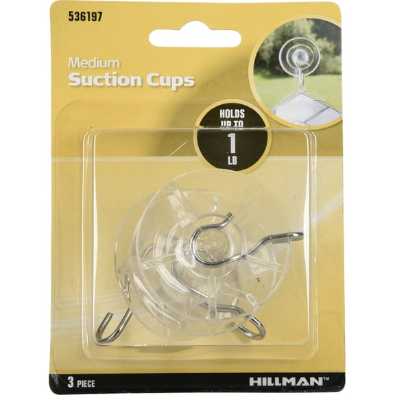 Hillman 536197 Medium Plastic Suction Cup Hooks, Clear (1lb) - 3 Pieces