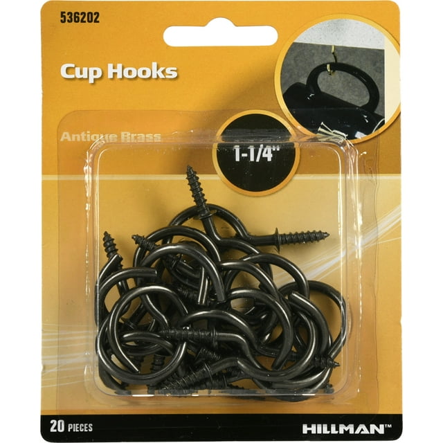 Hillman 536202 Cup Hooks, Screw Hooks, Antique Brass (11/4") 20