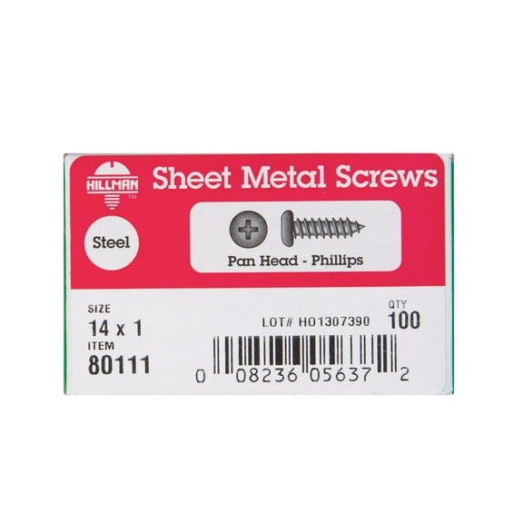 Hillman 56241 No.14 x 1 in. Phillips Pan Head Zinc-Plated Steel Sheet Metal Screws - Pack of 100