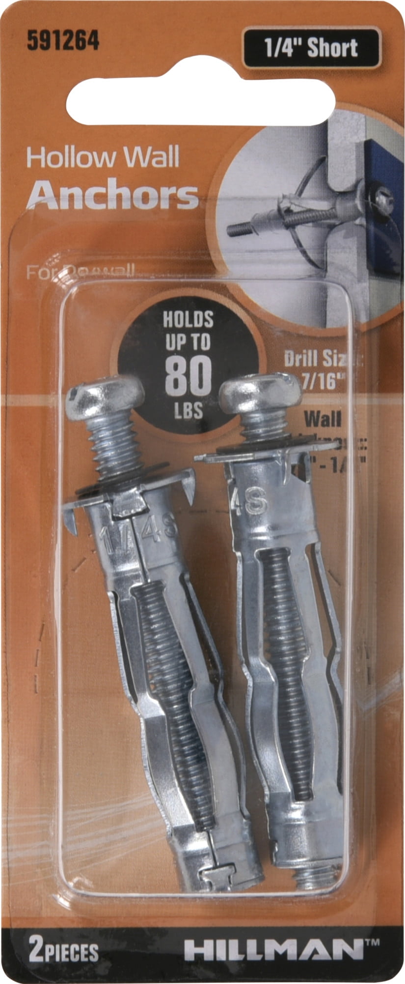 Hillman 591264 Zinc Pan Head ComboDrive Hollow Wall Anchor, 80 lbs (1/4" Short), 2 Pieces