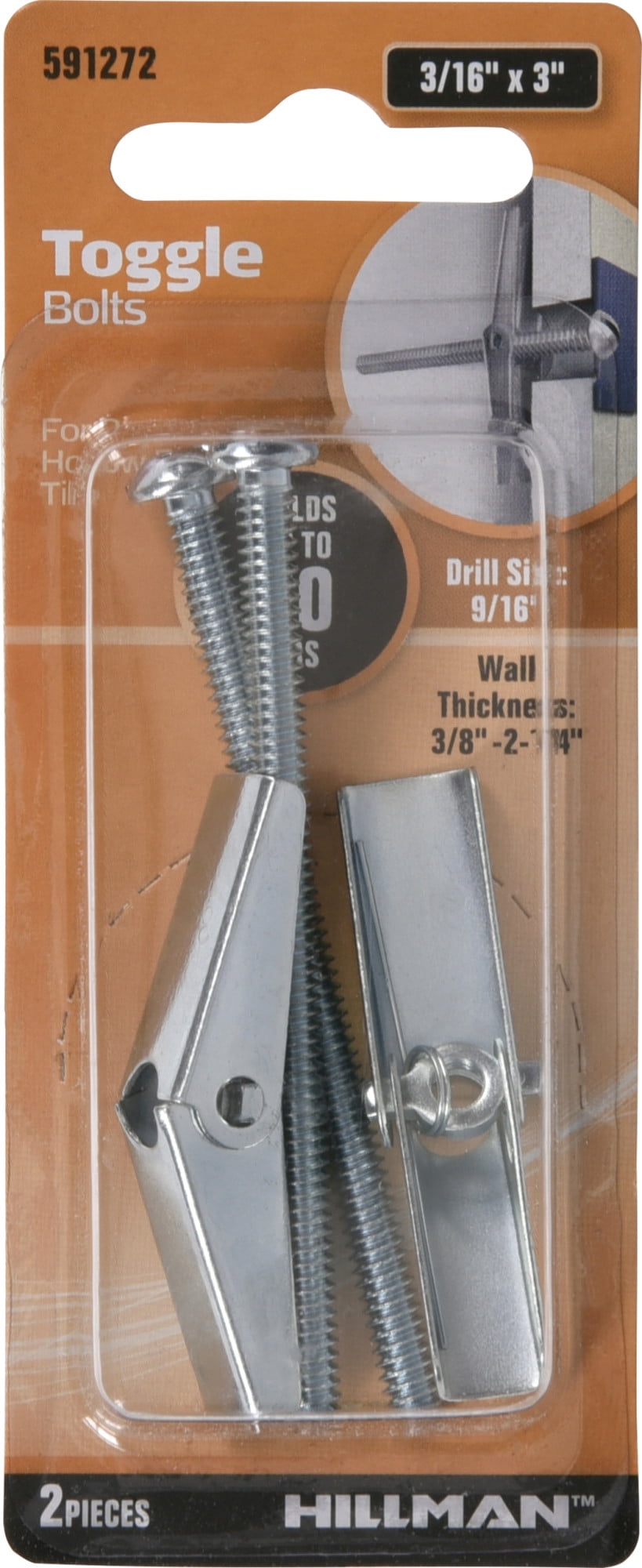 Hillman 591272 Toggle Bolts, Zinc Plated (3/16" x 3") 70 lbs 2 Sets