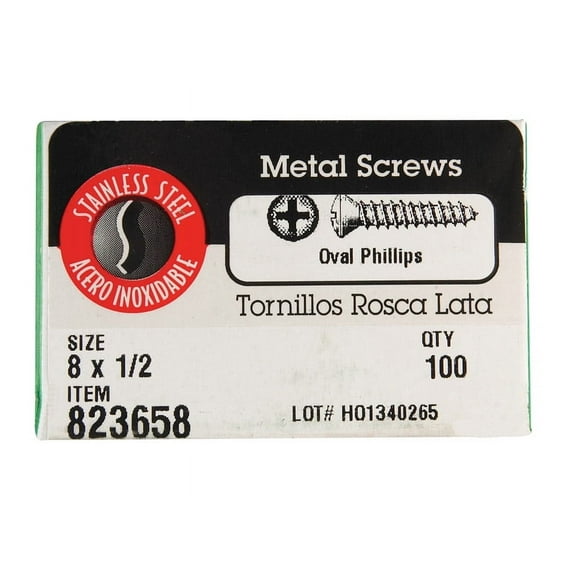 Hillman 823658 8 x 0.5 in. Phillips Oval Head Sheet Metal Screw Stainless Steel - Box of 100