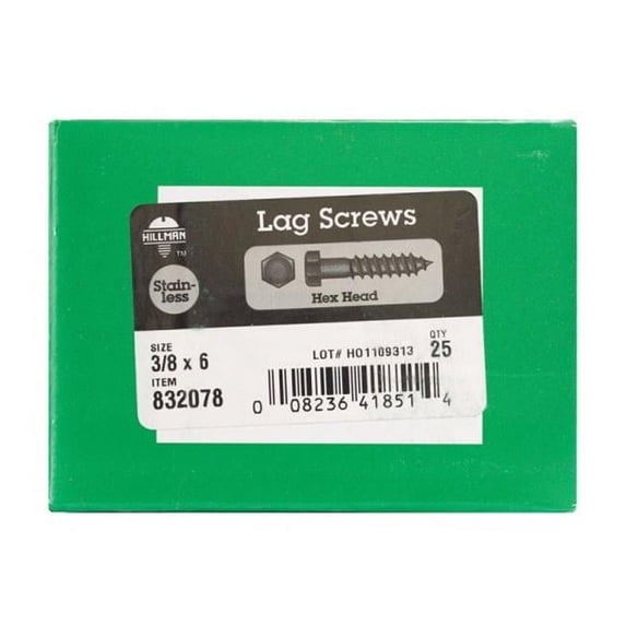 Hillman 832078 0.375 x 6 in. Hex Lag Bolt Box of 25