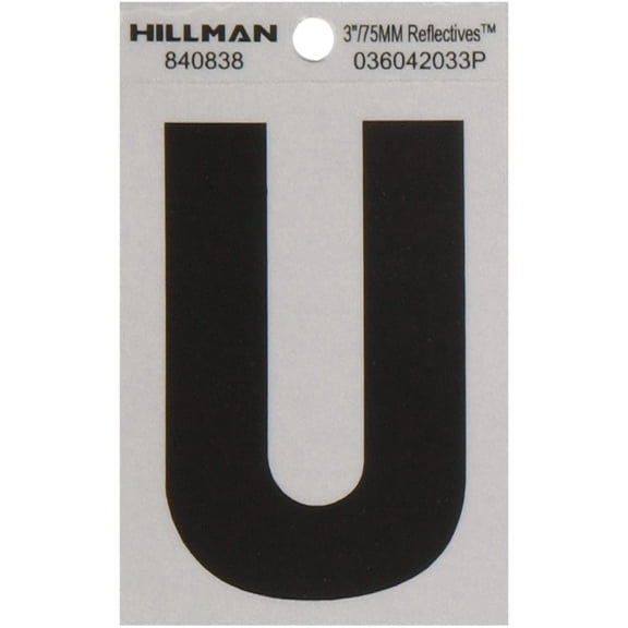 Hillman 840838 3" Black and Silver Reflective Poly-Film Adhesive Letter U