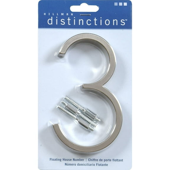 Hillman 844703 Number Distinctions 5" Silver Steel Screw-On 3 Brushed Nickel
