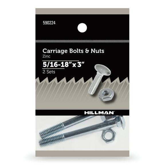 Hillman Carriage Bolts and Nuts, 5/16-18" x 3", Zinc Finish, Steel, 2 sets
