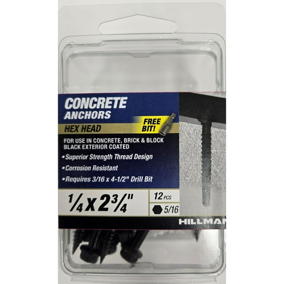 Hillman Concrete Screw Anchors, 1/4 x 2-3/4", Steel, Corrosion Resistant, Black, 12 sets