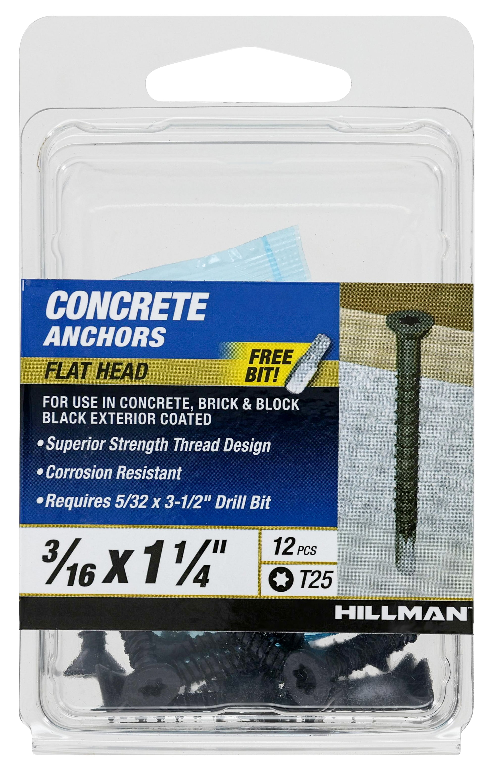 Hillman Concrete Screw Anchor Black, 3/16 x 1.25", Flat Head, Steel, New, 12 Pack