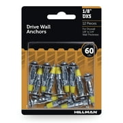 Hillman Drive Wall Anchors, 1/8" DXS, Zinc Finish, Steel, 60lbs, New, 12 Pack
