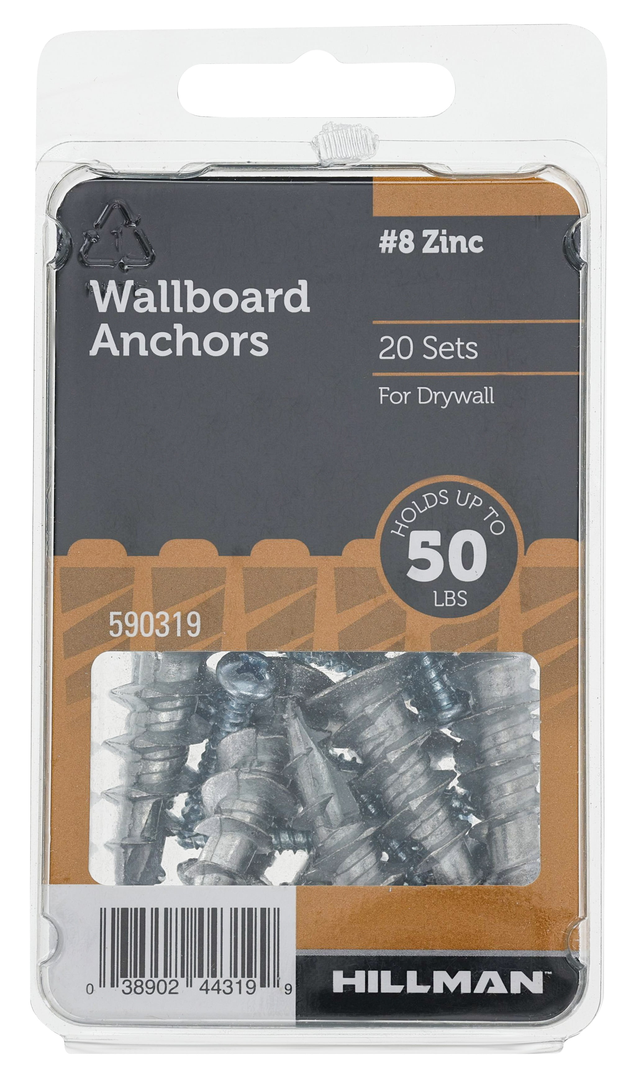 Hillman Drywall Anchor Screws, Pan Head Phillips Screw, Zinc, #8, 50 lb., 20 Pack