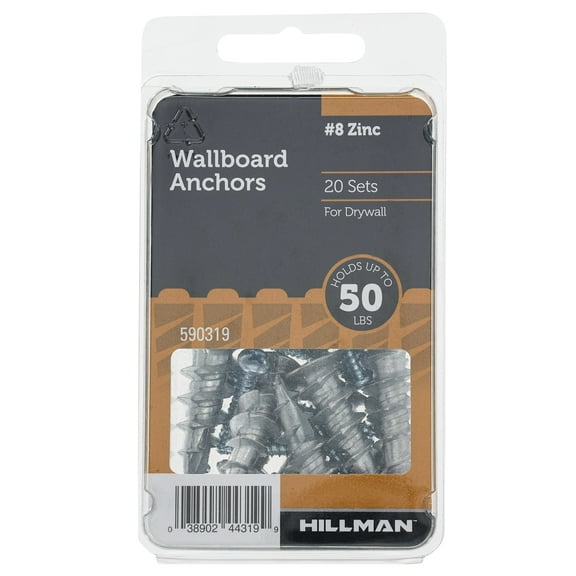 Hillman Drywall Wallboard Anchor Screws, #8, Zinc, 50 lb., Silver, 20 pack