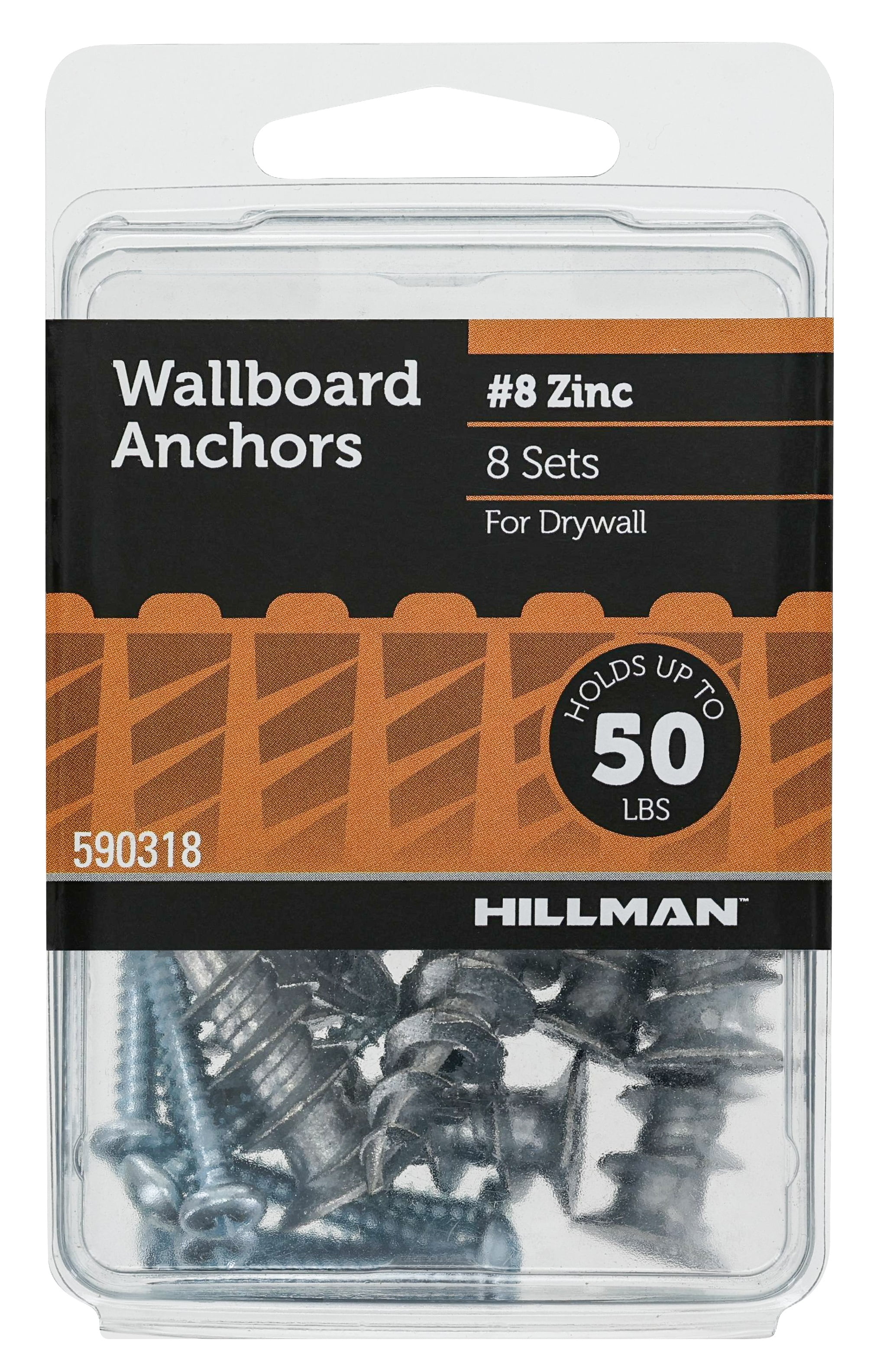 Hillman Drywall Anchor Screws, Pan Head Phillips Screw, Zinc, #8, 50 lb., 8 Pack