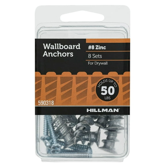 Hillman Drywall Wallboard Anchor Screws, #8, Zinc, 50 lb., Silver, 8 pack