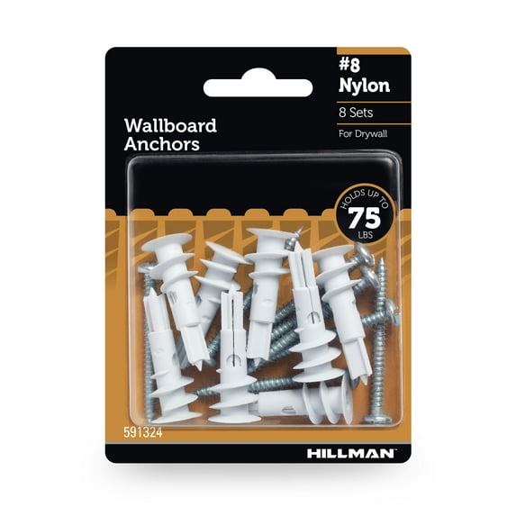 Hillman Drywall Nylon Anchor Screws, Pan Head Phillips Screw, VP Nylon, #8, 75lbs, 8 Sets