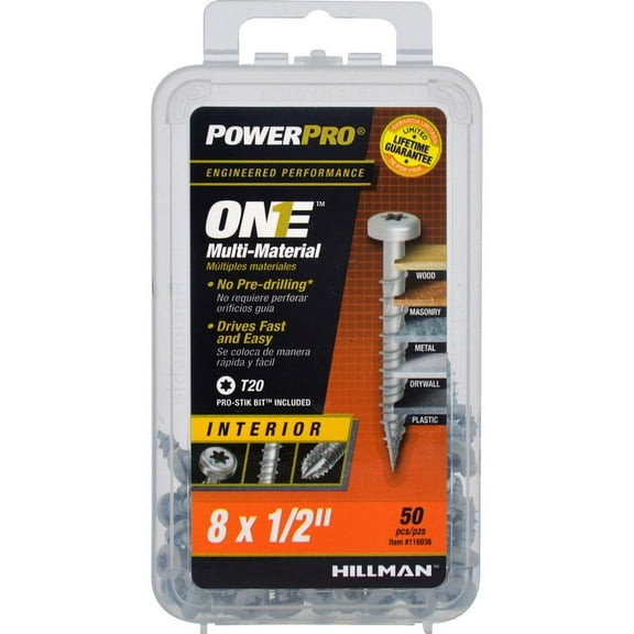 Power Pro One Interior Screws, Pan Head, Zinc-Plated, #8 x 1/2-In., 50-Pk.