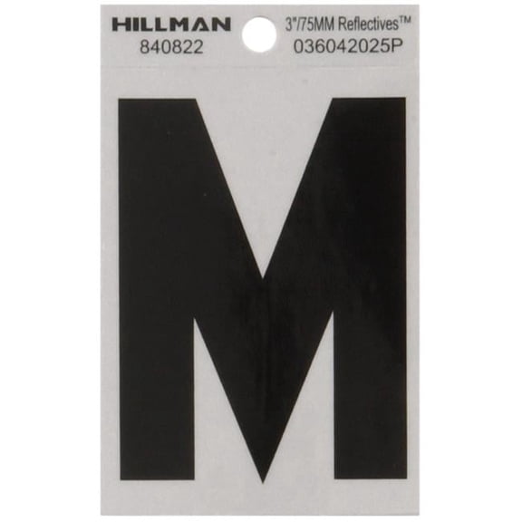 5028349 3"" BLK/SLV M ADHV 1PC Hillman 3 in. Reflective Black Mylar Self-Adhesive Letter M 1 pc