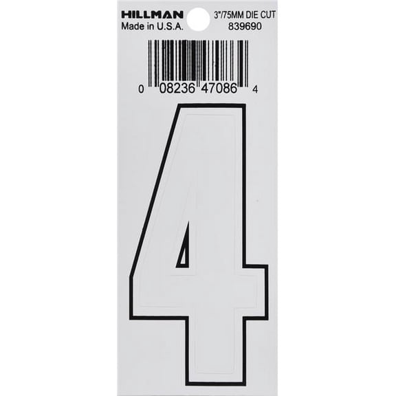 Hillman Group 839690 3 in. White Glossy Vinyl Die-Cut Adhesive Number - 4 -  6 Piece