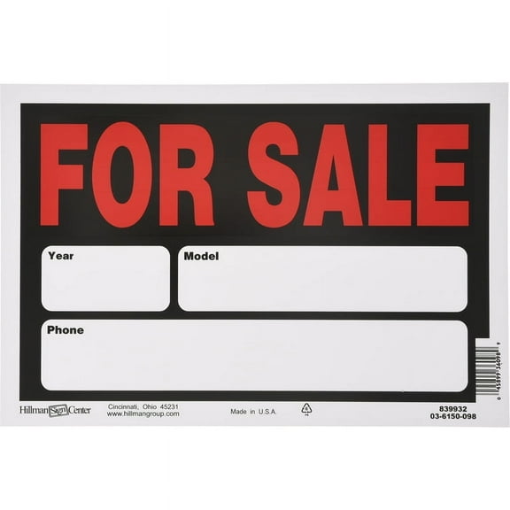 Hillman Group 839932 8 x 12 in. Black Styrene Automobile for Sale Year Model & Make Sign - 6 Piece