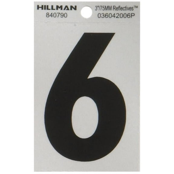 Hillman Group 840790 3 in. Black & Silver Reflective Mylar Square Cut Self Adhesive Number - 6