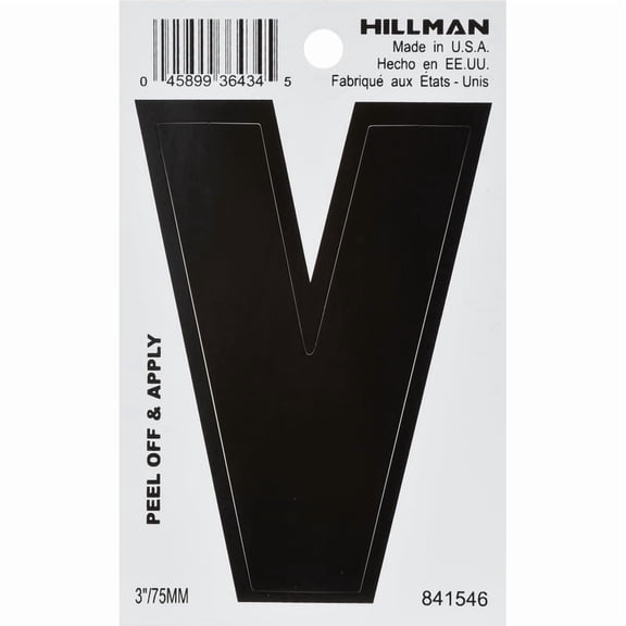 Hillman Group 841546 3 in. Black Glossy Vinyl Die-Cut Adhesive Letter - V - 6 Piece