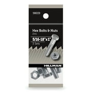 Hillman Hex Bolts and Nuts, 5/16-18" x 1", Steel, Zinc Finish, Silver, 3 sets