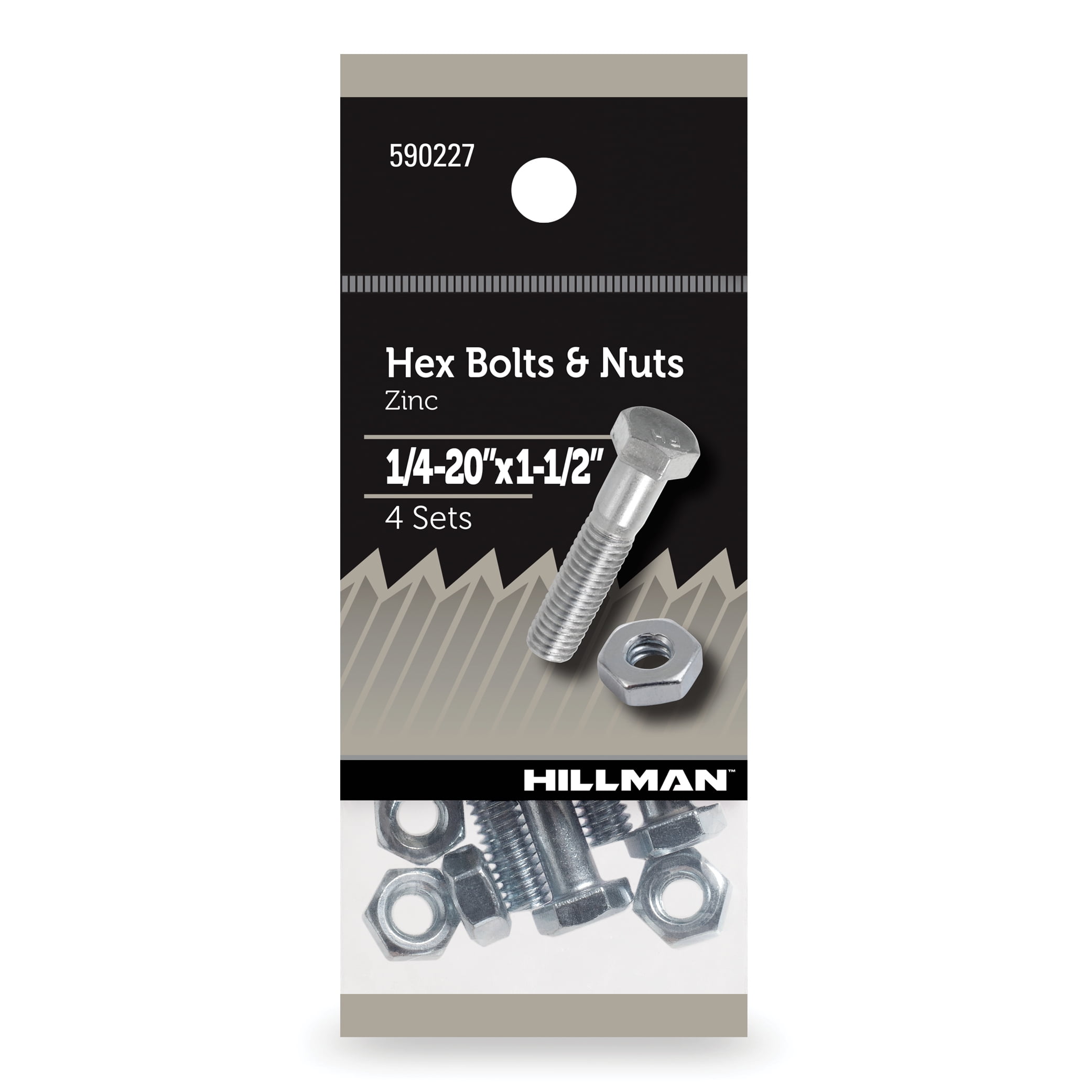 Hillman Hex Bolts and Nuts, Grade 2 Steel, Zinc, New, 1/4-20" x 1.5", 4 Sets