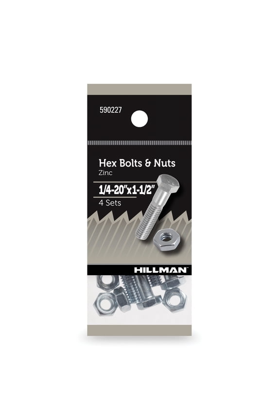 Hex Bolts and Nuts, 1/4-20" x 1-1/2", Steel, Zinc Finish, Silver, 4 sets