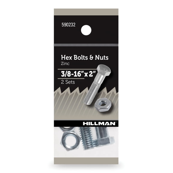 Hillman Hex Bolts and Nuts, 3/8-16" x 2", Steel, Zinc Finish, Silver, 2, sets