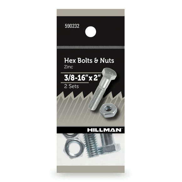 Hillman Hex Bolts and Nuts, Grade 2 Steel, Zinc, New, 3/8-16" x 2", 2 Sets