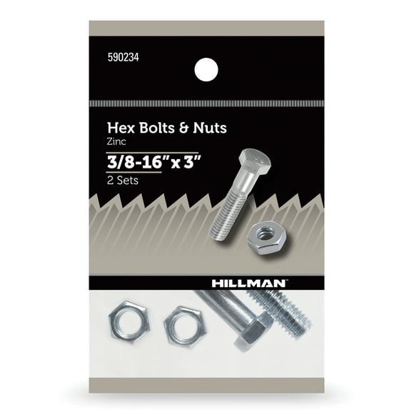Hillman Hex Bolts and Nuts, Grade 2 Steel, Zinc, New, 3/8-16" x 3", 2 Sets