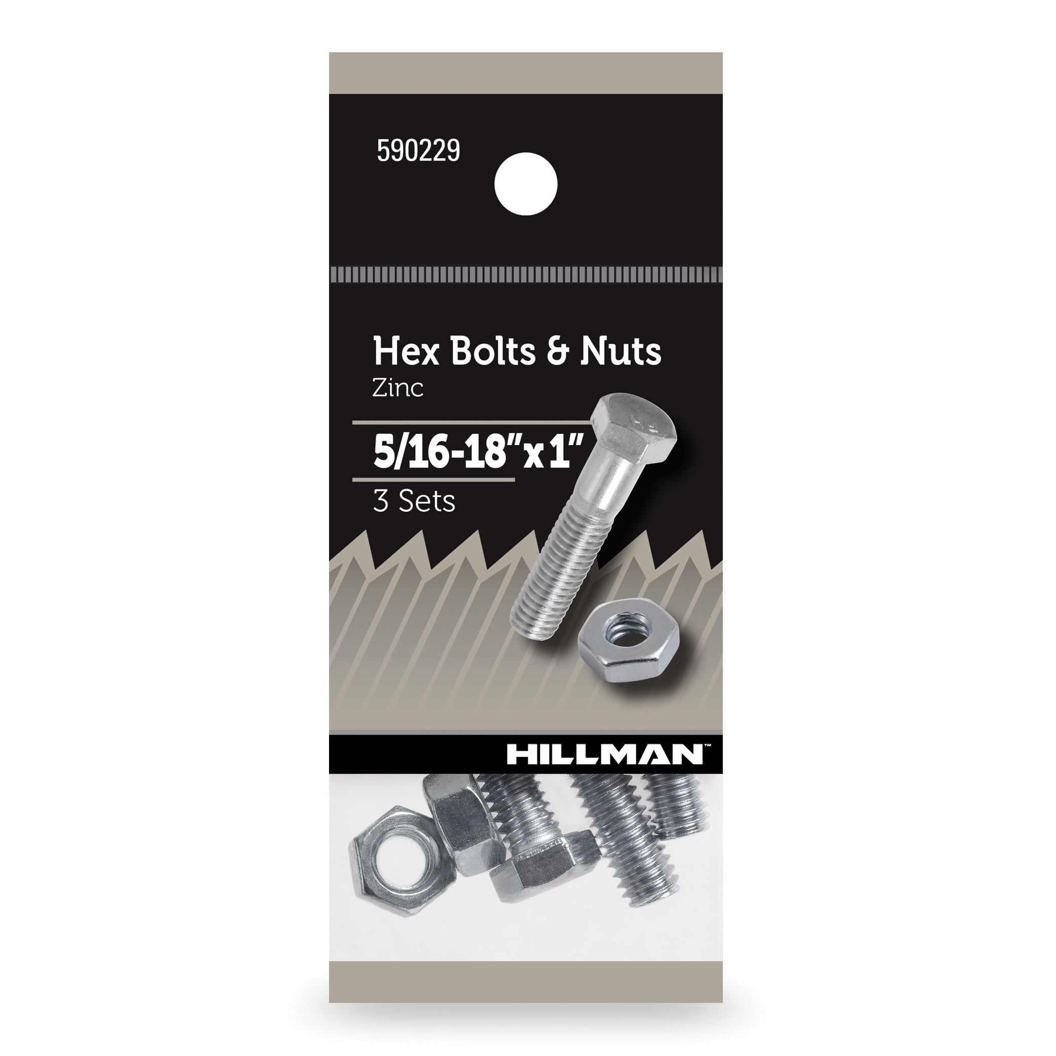 Hillman Hex Bolts and Nuts, Coarse Thread, Grade 2 Steel, Zinc, New, 5/16-18" x 1", 3 Pack