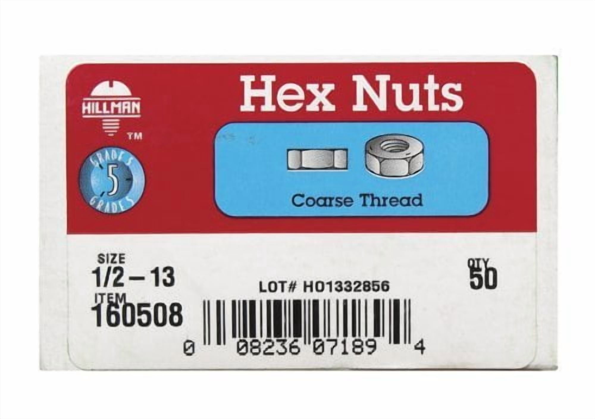 Hillman Hex Nuts 1/2 " Grade 5 Coarse Box 50 Piece