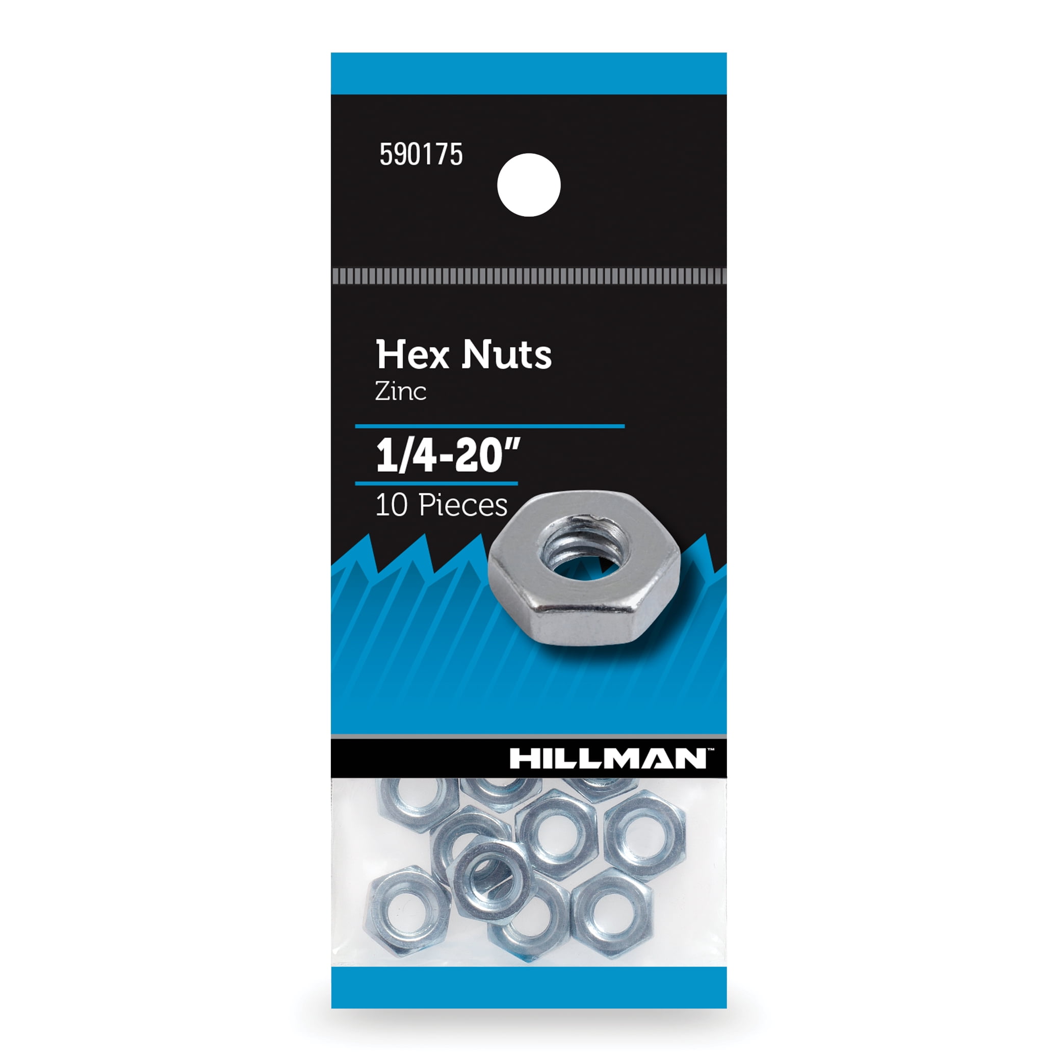 Hillman Hex Nuts 1/420" Screw Thread, Zinc Finish, Steel, Pack of 10