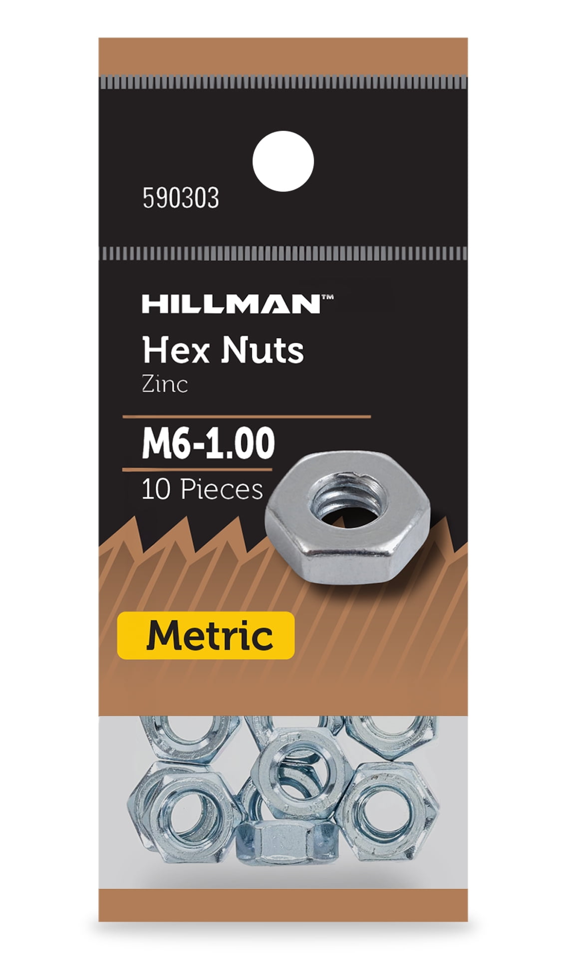 Hillman Hex Nuts M6X1.00, Metric, Zinc Finish, Steel, 10 Pieces
