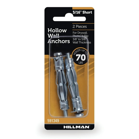 Hillman Hollow Wall Mult-Material Anchor Screws, 3/16" Short, Steel, Zinc, Corrosion Resistant, 70 lbs, Silver, 2 sets