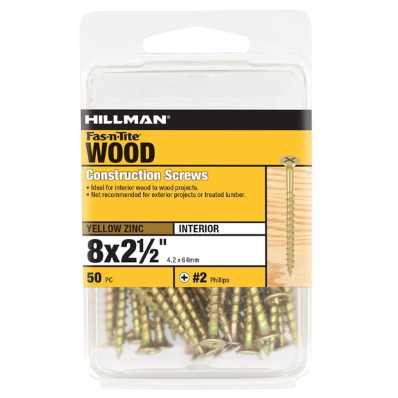 Hillman Wood Construction Screws, #8 x 2-1/2", Steel, Yellow Zinc Finish, Interior, Phillips, Gold, 50 pack