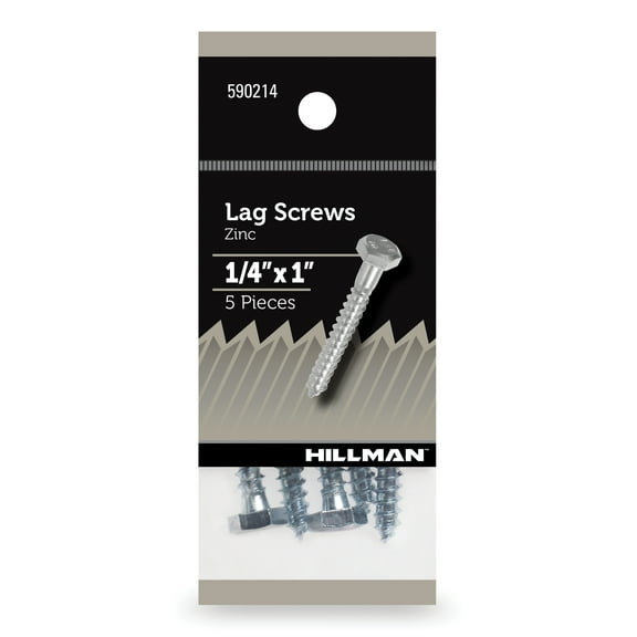 Hillman Lag Screws, 1/4" x 1", Zinc Plated, Steel, Pack of 5