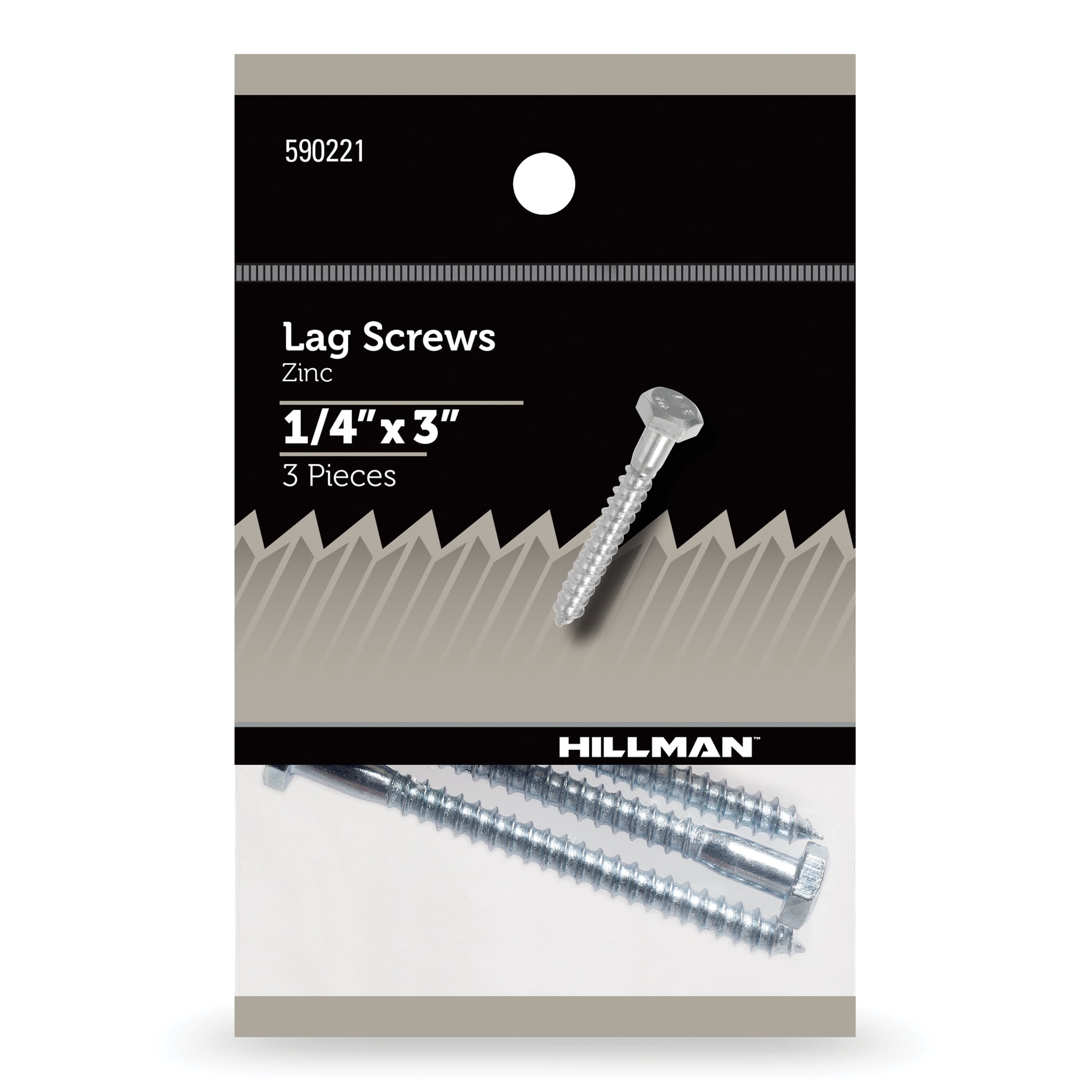 Hillman Lag Screws, 1/4" x 3", Steel, Zinc, Interior Screws, Hex Drive, Silver, 3 pack