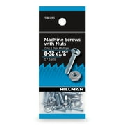 Hillman Machine Screws with Nuts, 8-32 x 1/2", Pan Phillips, Zinc Plated, Steel, 17 Sets