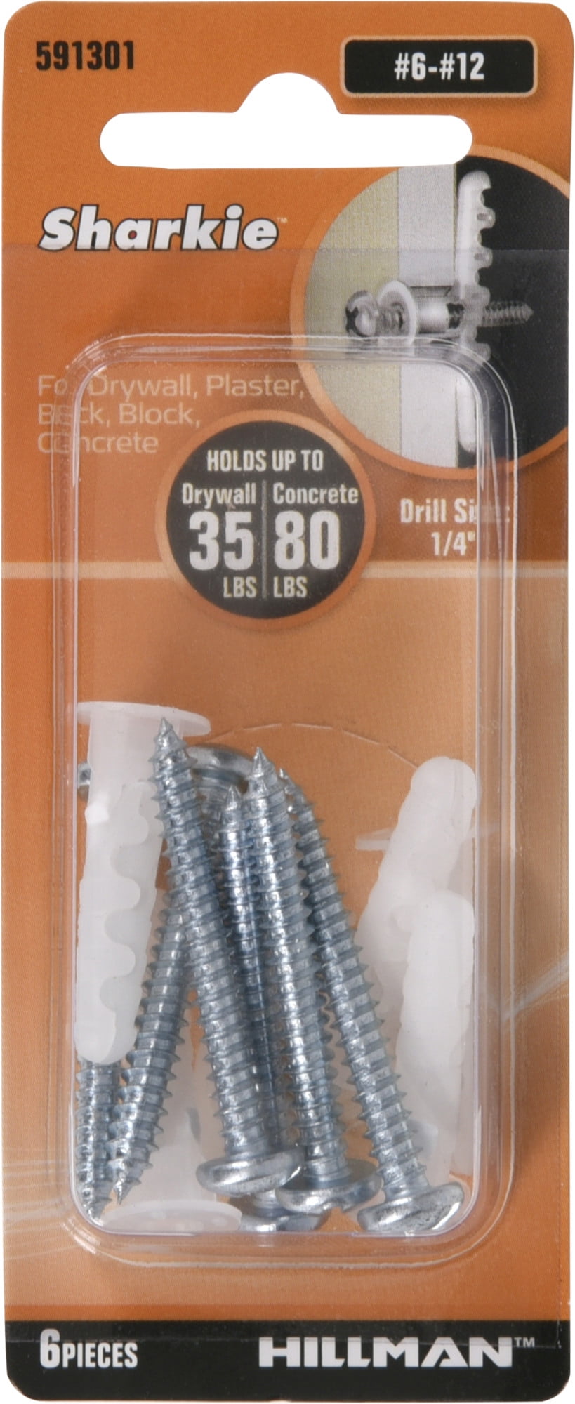 Hillman Nylon Sharkie Anchors with Screws (#6-12), 80 lbs - 6 Pieces