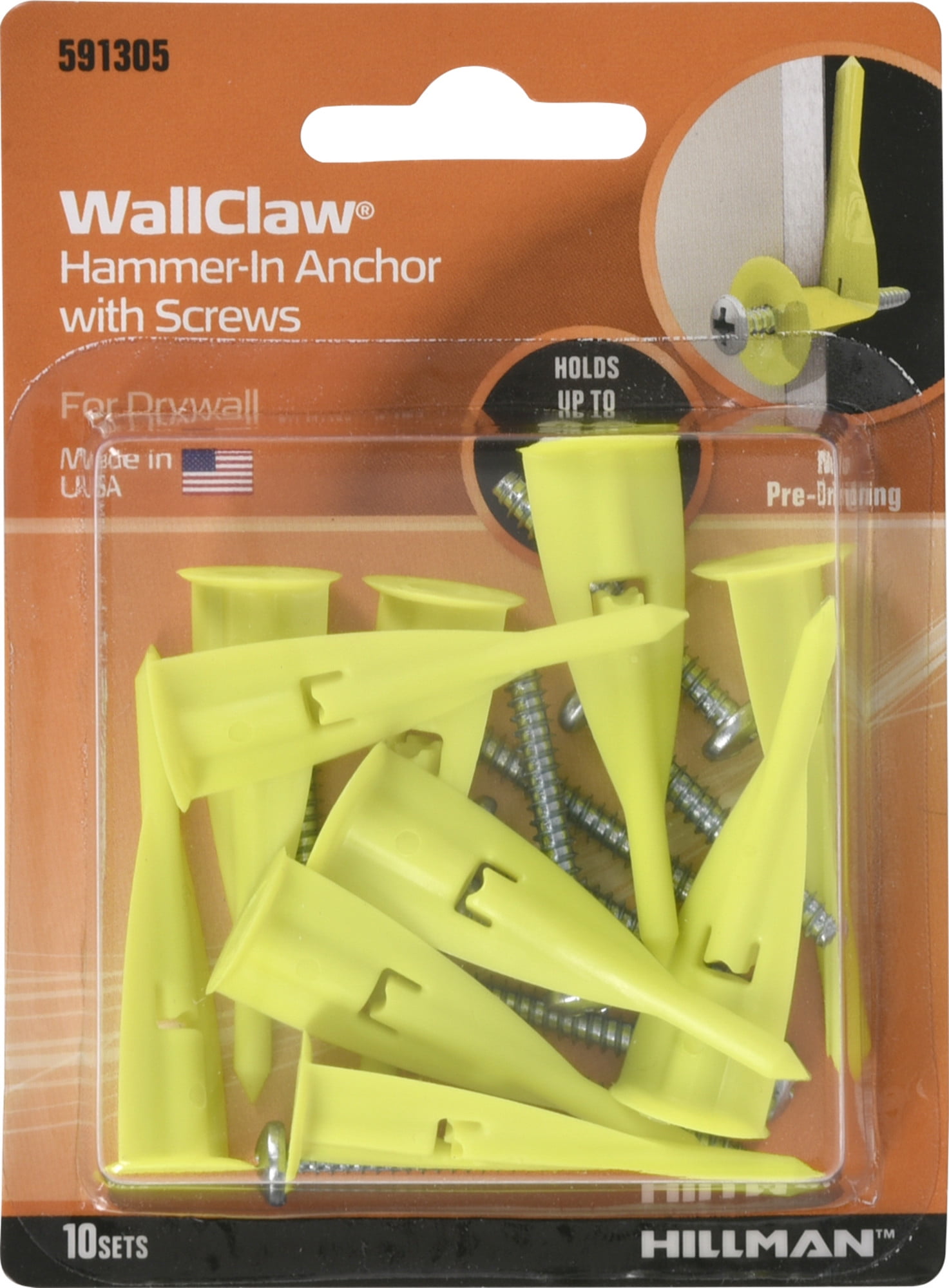 Hillman Nylon Wall Claw Hammerin Drywall Anchors with Screws, Yellow