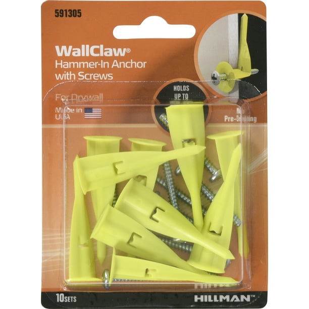 Hillman Nylon Wall Claw Hammerin Drywall Anchors with Screws, Yellow