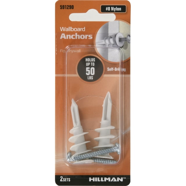 Hillman Nylon Wallboard Anchors with Screws, SelfDrilling, 8, 50 lbs