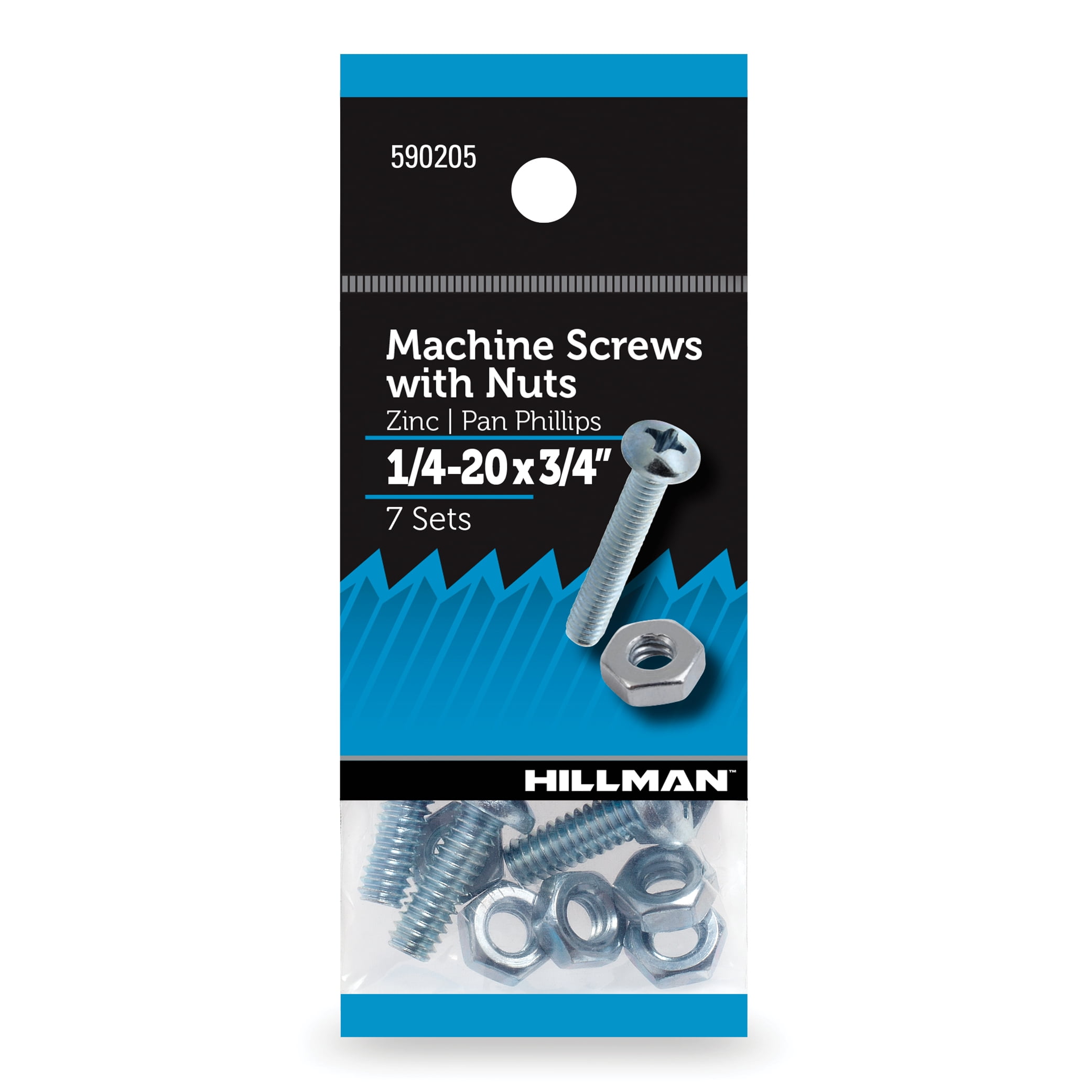 Hillman Machine Screws, 1/4-20 x 3/4", Steel, Zinc, Interior, Phillips, Silver, 7 sets