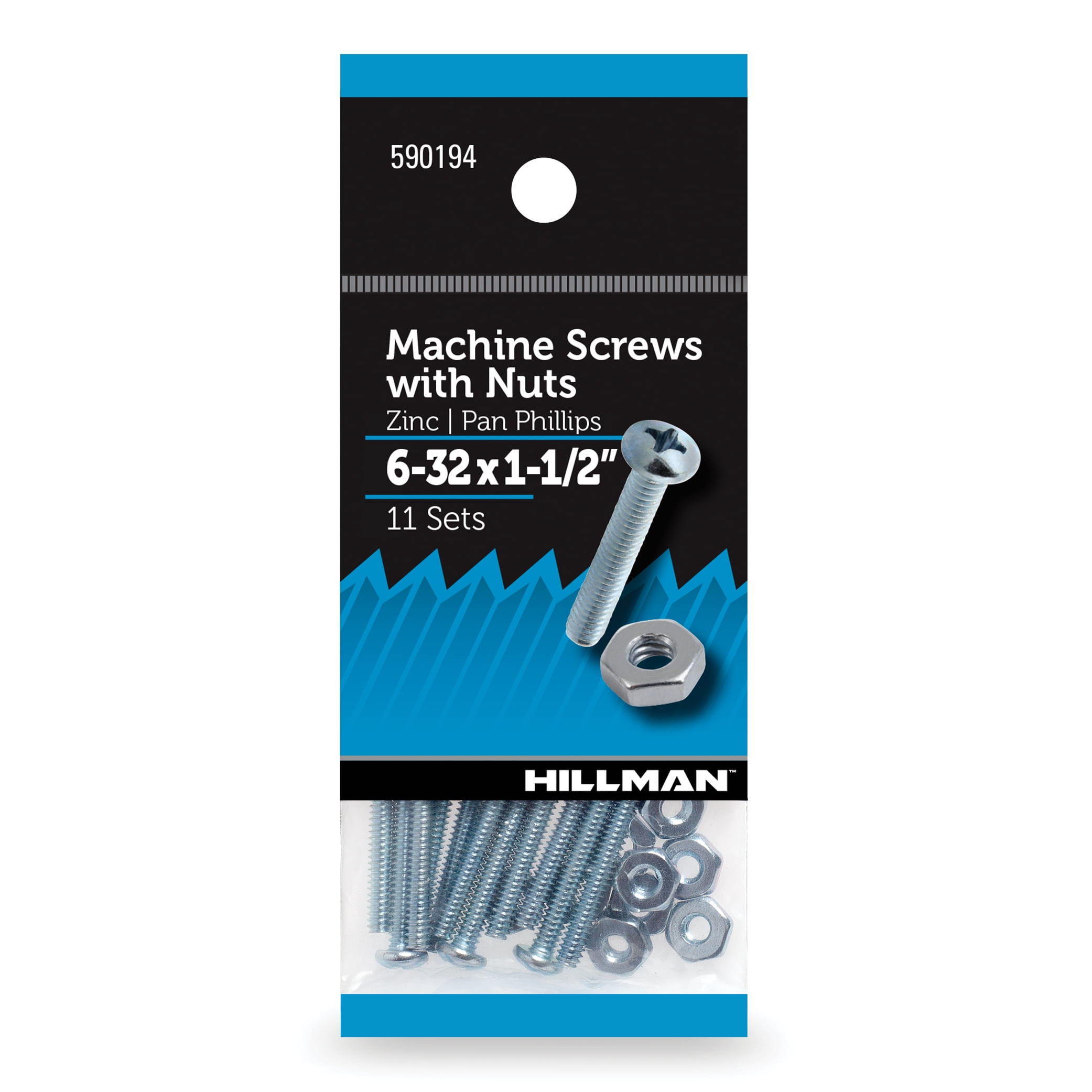 Hillman Pan Head Phillips Machine Screw 6-32 x 1.5" Zinc, Steel, 11 Sets, New